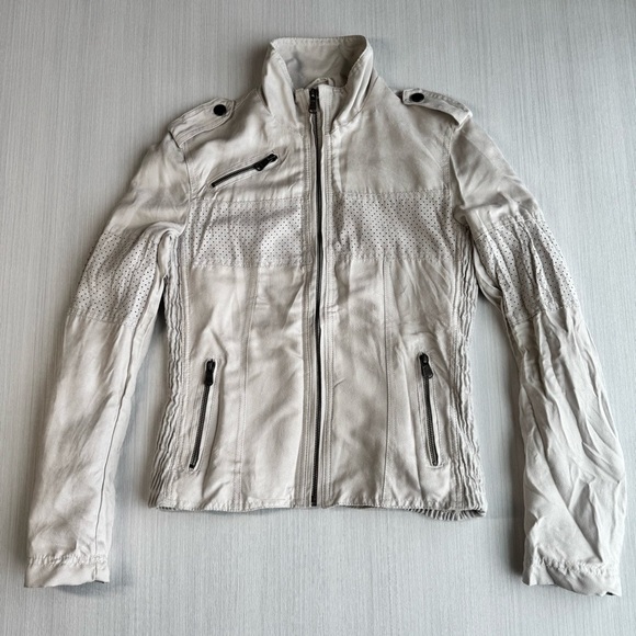 VINTAGE Ellus Perforated Moto Jacket S Off White Crinkled Vegan Suede Casual Y2K - Picture 9 of 15